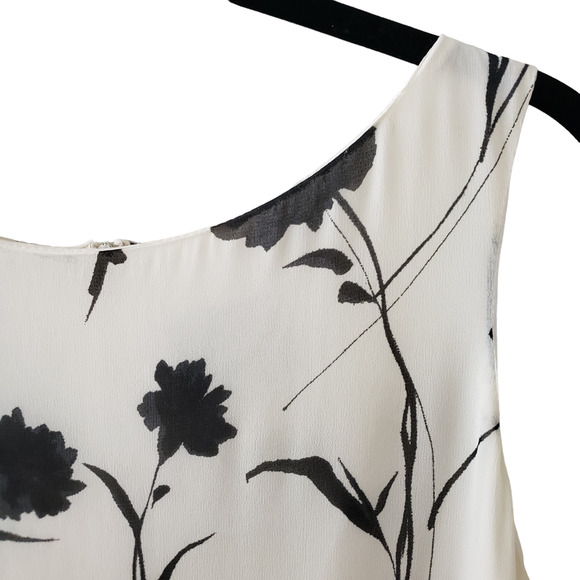 Louben Midi Shift Dress Size 10 Cream/Black Sleeveless Floral Crepe Lined - Picture 3 of 11